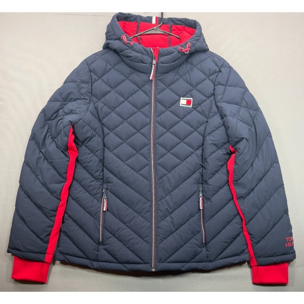 Tommy Hilfiger Womens L Quilted Puffer Jacket Hooded Sorona Navy Blue Red